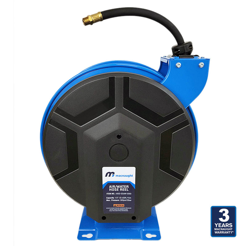 Retractable M3 Heavy Duty Slow Retraction with cover Air Water Hose Reel ½” x 50 ft – 3 Years Warranty