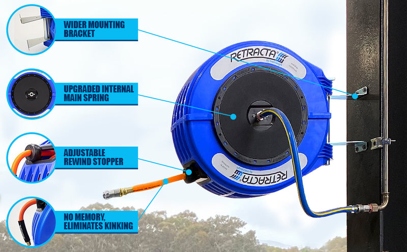 R3 Engineered Thermoplastic Heavy Duty Hose Reel Air Water Service  3/8 inch x 65 ft 300 PSI  Blue Case / Orange Hose  PN