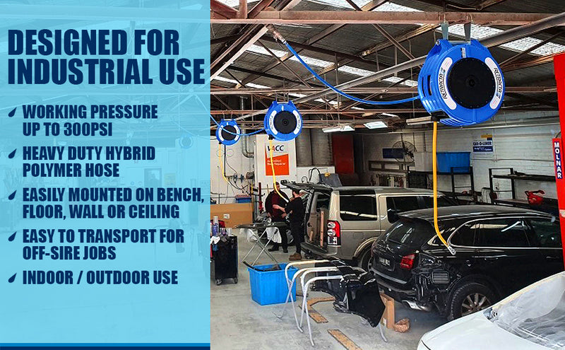 R3 Engineered Thermoplastic Heavy Duty Hose Reel Air Water Service  3/8 inch x 65 ft 300 PSI  Blue Case / Orange Hose  PN