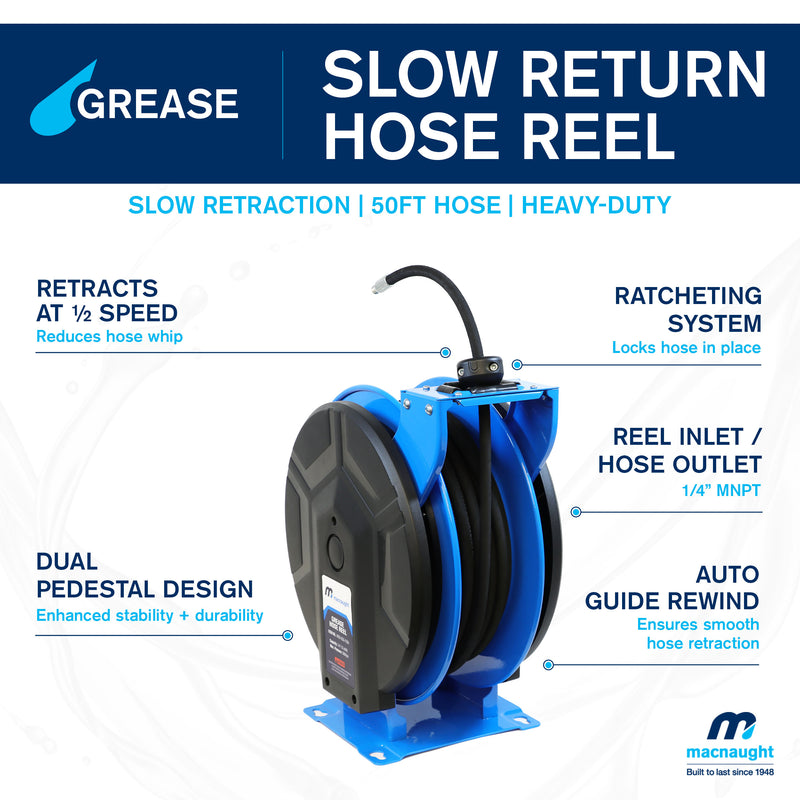 Macnaught M3 Slow Retraction Grease Safety Hose Reel 1/4” x 50 ft – PN