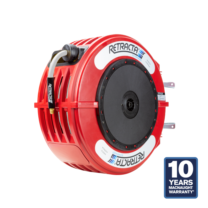 Macnaught R3 Engineered Thermoplastic Heavy Duty Hose Reel Hot Wash 1/2  inch x 65 ft 185F MAX 150PSI Red Case / White Hose PN# HW465R-02
