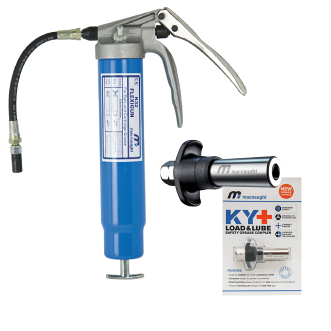 Macnaught Manual Heavy Duty Grease Gun – Flexigun & KY+ Safety Grease Coupler Combo Package - PN