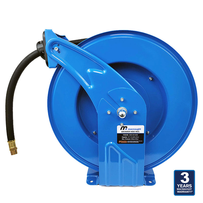 Macnaught M3 Industrial Grade Air / Water Hose Reel with 1/2in. x 50ft  hose, 300 PSI Shop and Truck Mount Duty PN# M3D-AW-5050