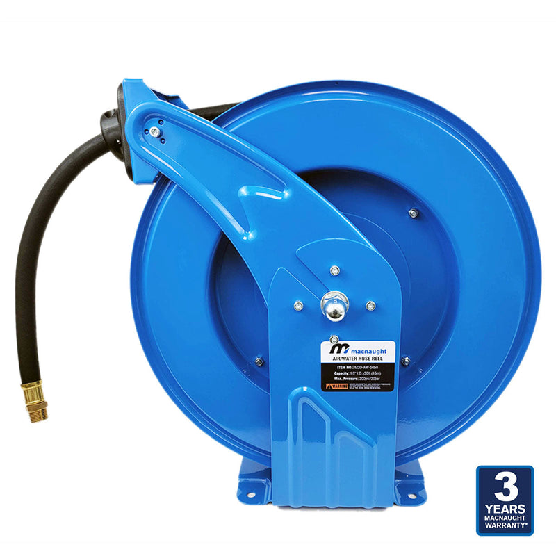 Retractable M3 Industrial Grade Air Water Hose Reel, Standard Retraction 3/8” x 50 ft – 3 Years Warranty