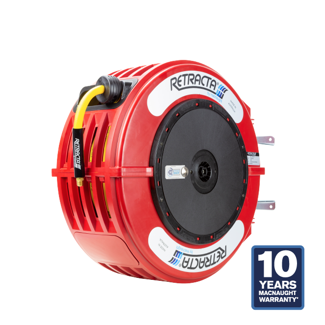 Macnaught R3 Engineered Thermoplastic Heavy Duty Hose Reel Air Water  Service 3/8 inch x 65 ft 300 PSI Red Case / Yellow Hose PN# RY365R-02